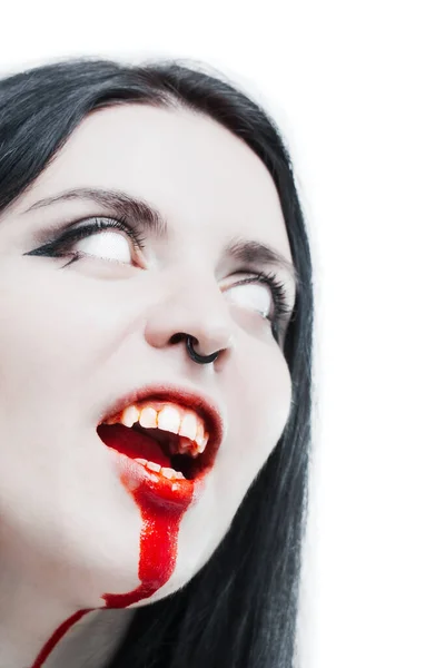 Garota Gótica Assustadora Com Olhos Brancos Boca Sangrenta Gritando — Fotografia de Stock