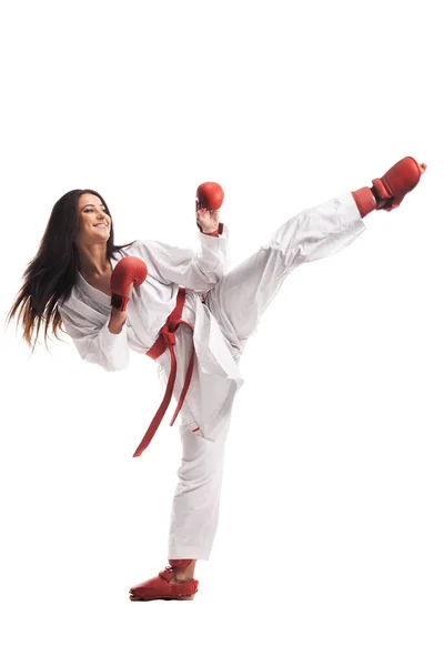 Meisje Oefenen Karate Been Kick Dragen Kimono Rode Handschoenen Tegen — Stockfoto