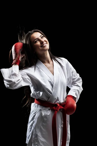 Hermosa Chica Feliz Posando Sonriendo Kimono Traje Karate Guantes Rojos —  Fotos de Stock
