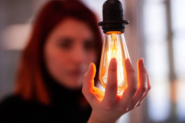 Portrait Beautiful Business Woman Red Hair Front Decorative Light Bulb — Stock Photo, Image