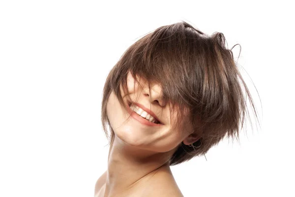 Piękny Portret Dziewczyny Mody Uśmiechnięta Falowanymi Włosami — Zdjęcie stockowe
