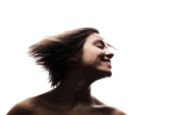 Havada Kısa Saçlı Bir Kızın Yarı Siluet Portresi Beyaz Arkaplan — Stok fotoğraf