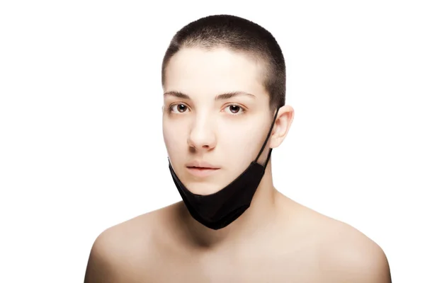 Cute Girl Very Short Hair Wearing Black Protective Face Mask — Stockfoto