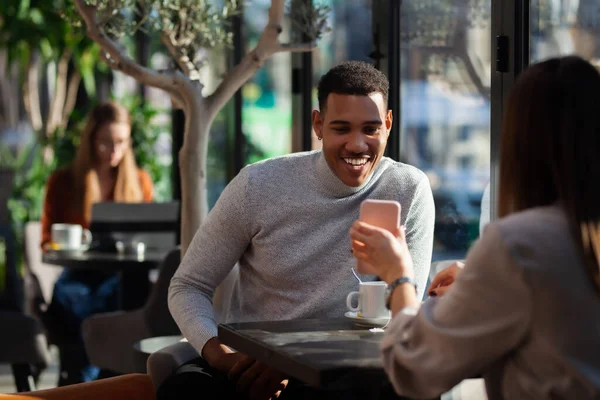 Two Friends Restaurant Talking Smiling Drinking Tea Multuracial Business Colleagues Imagens De Bancos De Imagens
