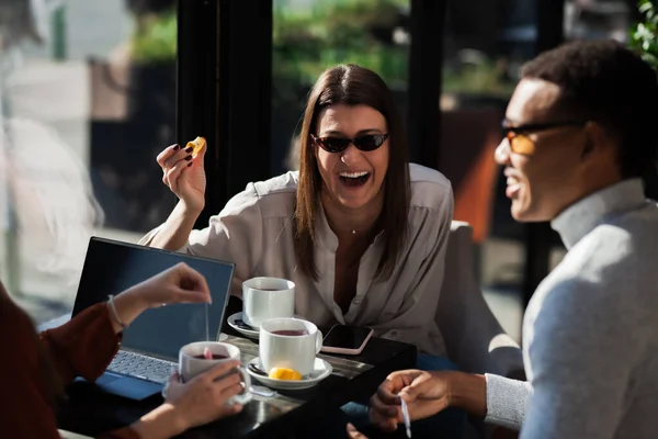 Three Friends Restaurant Talking Smiling Drinking Tea Business Colleagues Having — Zdjęcie stockowe