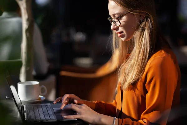 Young Businesswoman Cafe Bar Restaurant Freelancer Girl Working Laptop Having — Foto de Stock
