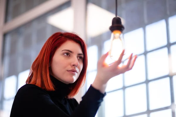 Portrait Beautiful Business Woman Red Hair Front Decorative Light Bulb — Stock Photo, Image