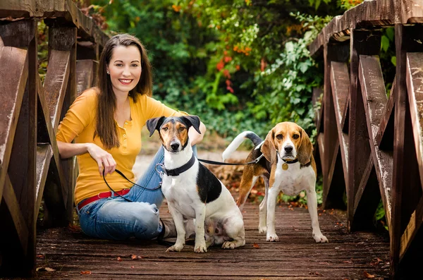 A beautiful young woman and his dogs posing outside — Stock Photo, Image