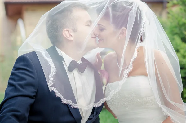 Tiro de casamento de noiva e noivo no parque — Fotografia de Stock