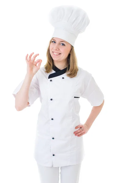 Retrato de cozinheiro sorridente feliz em chapéu de chefs e uniforme — Fotografia de Stock