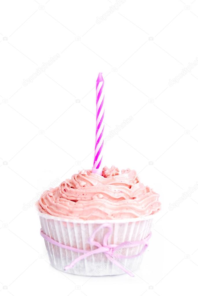 A pink birthday cupcake