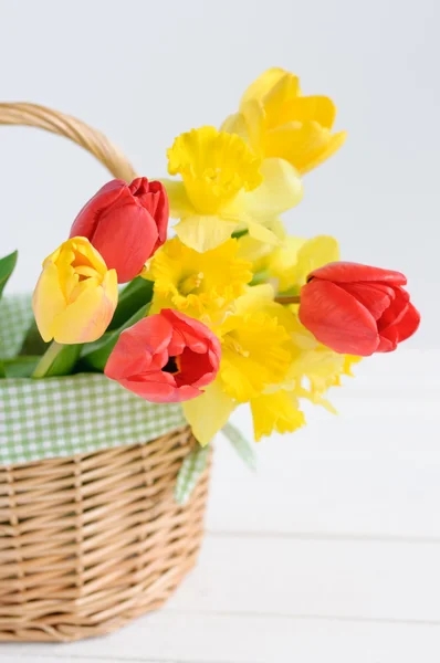 Tulips and daffodils in basket on white background — Stock Photo, Image