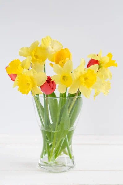 Tulipes et jonquilles dans un vase en verre sur fond blanc — Photo