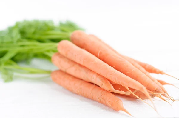 Bunch orange carrots with green leaves isolated over white — Stock Photo, Image