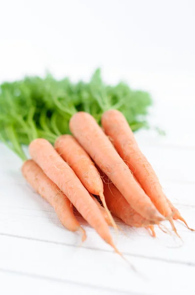 Bund orangefarbene Karotten mit grünen Blättern isoliert über weißen — Stockfoto