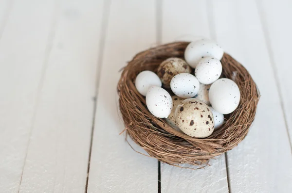Diferentes tipos de ovos em um ninho em um fundo de madeira branco — Fotografia de Stock
