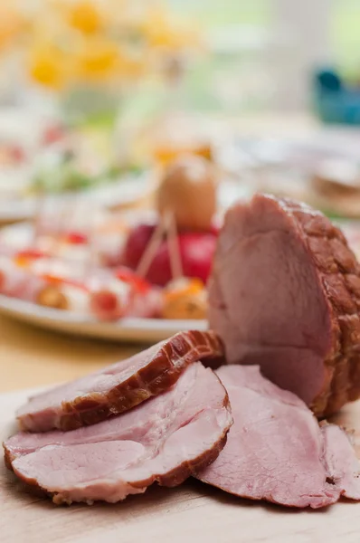 Ham and boiled eggs on a dinner table — Stock Photo, Image