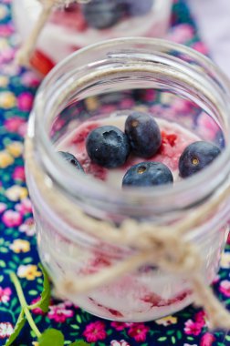 çilek ve böğürtlen meyve yoğurt yakın çekim