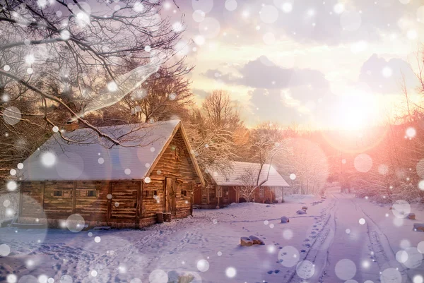 Huis in sneeuw fee bos — Stockfoto