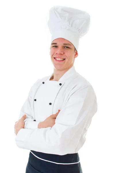 Portrét šťastný usmívající se cook v klobouku kuchaři a uniformy — Stock fotografie