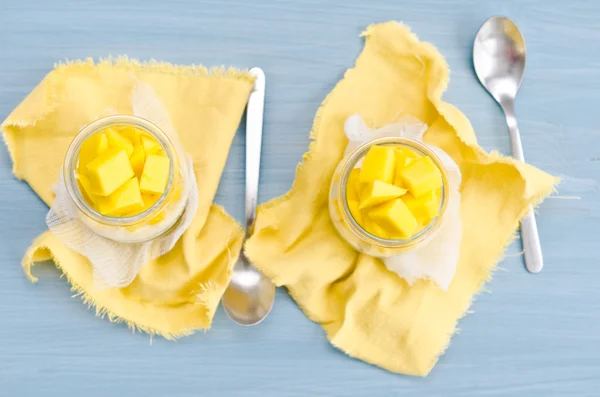 Panna cotta z sosem mango zbliżenie — Zdjęcie stockowe