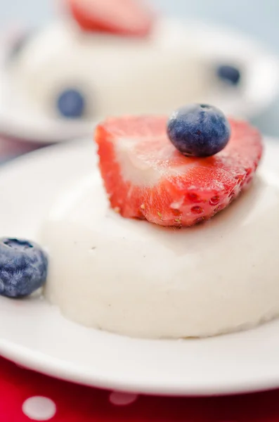 Panna cotta with sauce of blueberries and strawberry closeup — Stock Photo, Image
