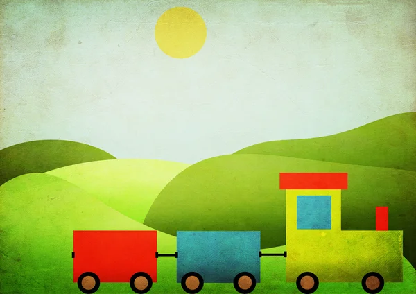 Toy train riding over landscape — Stock Photo, Image