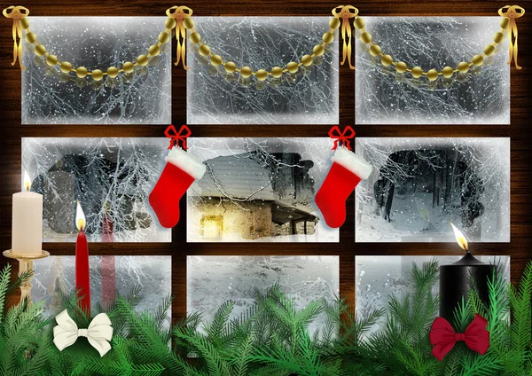 Ειδυλλιακή θέα μέσα από το παράθυρο τη χιονισμένη νύχτα, Χριστούγεννα διακόσμηση — Φωτογραφία Αρχείου