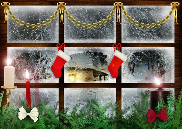 Idylický pohled z okna na zasněžené noci, Vánoční dekorace — Stock fotografie