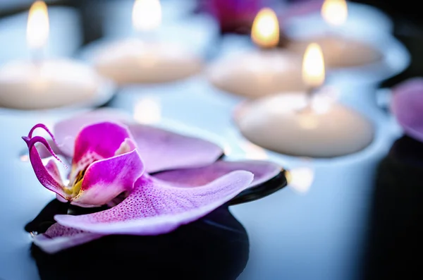 Schwimmende Kerze und Orchideenblume, Wellness — Stockfoto