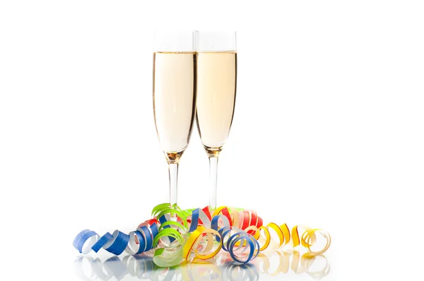 Fehér háttér-champagne a Szilveszter dekoráció — Stock Fotó