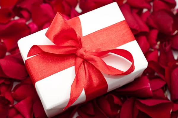Geschenkbox über roten bunten Rosenblättern lizenzfreie Stockbilder