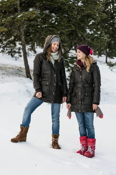 Two smiling friends in winter jackets countryside — Stock Photo, Image