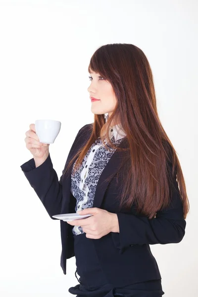 Picture of happy businesswoman with cup of coffee — Stock Photo, Image