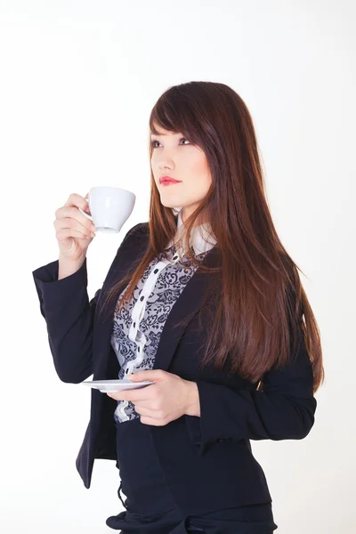 Picture of happy businesswoman with cup of coffee — Stock Photo, Image