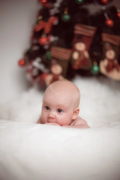 Retrato de bebê pequeno no fundo com árvore de natal — Fotografia de Stock