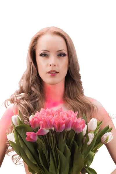 Hermosa mujer con tulipanes — Foto de Stock