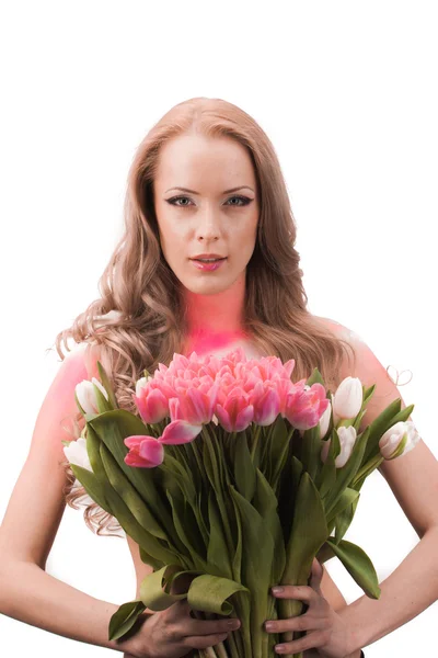 Bella donna con tulipani — Foto Stock