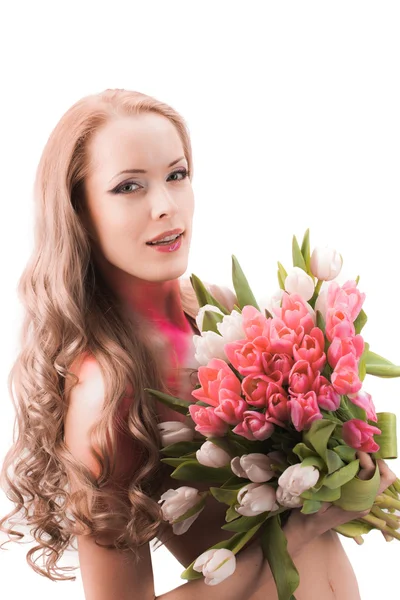 Beautiful woman with tulips — Stock Photo, Image