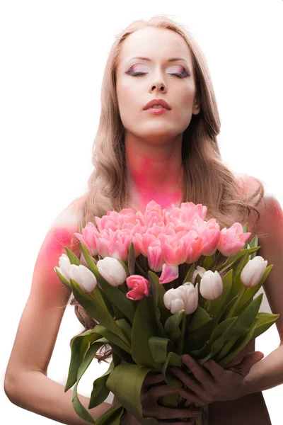 Bella donna con tulipani — Foto Stock