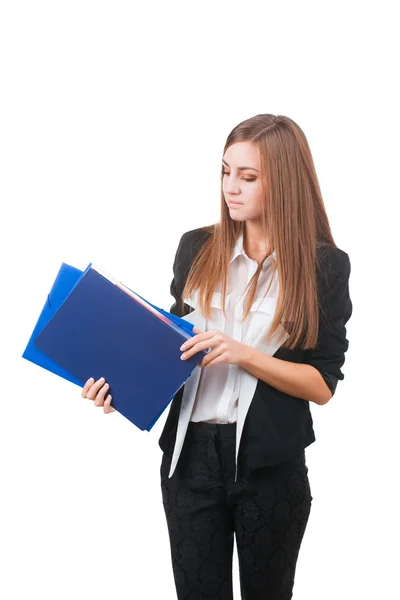 Joven atractiva mujer de negocios con carpetas — Foto de Stock