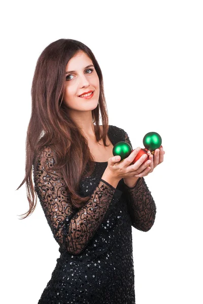 Chica sonriente con bolas de Navidad —  Fotos de Stock