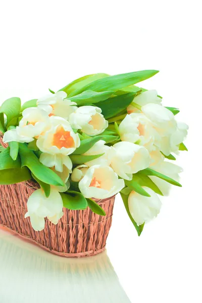 Beautiful tulips in basket — Stock Photo, Image