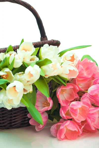 Beautiful tulips in basket — Stock Photo, Image