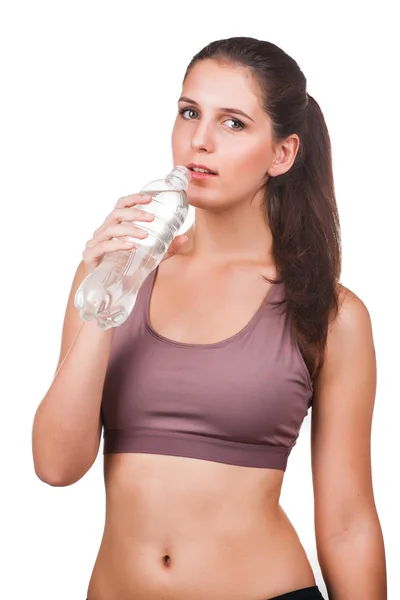 Donna con bottiglia d'acqua su bianco — Foto Stock