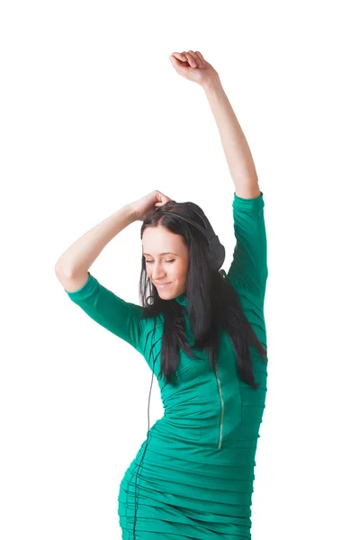 Glada dansande kvinna med hörlurar — Stockfoto