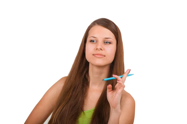 Девушка позирует с ручкой в студии — стоковое фото