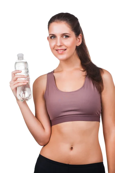Donna con bottiglia d'acqua su bianco — Foto Stock