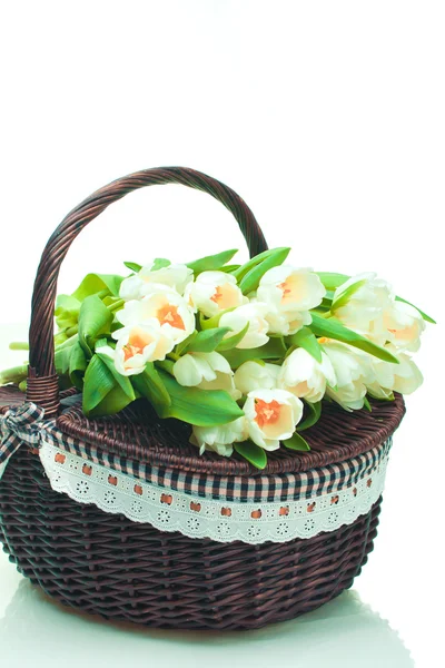 Beautiful tulips in basket — Stock Photo, Image