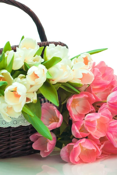 Beautiful tulips in basket — Stock Photo, Image